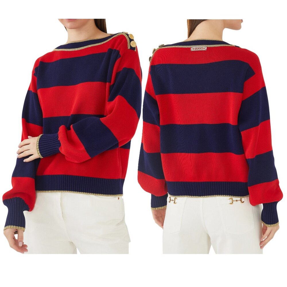 GUCCI SWEATER STRIPED COTTON RED & BLUE JUMPER w LOGO BUTTONS - Picture 3 of 15